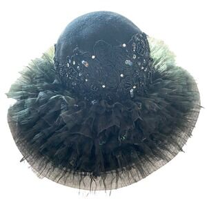 Divine- Vintage Wool lace, applique rhinestone black large trim women's hat